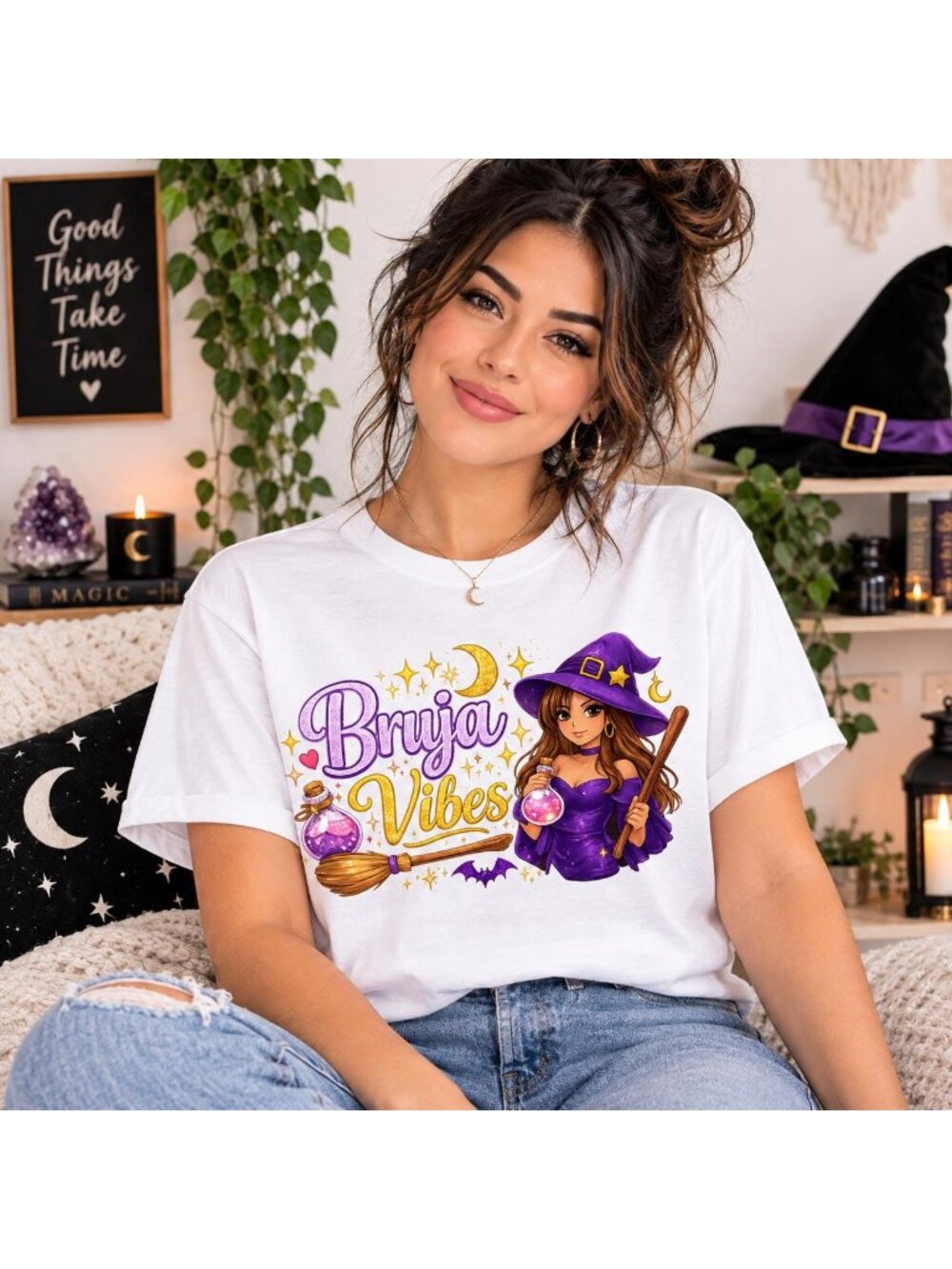 Bruja Vibes Spanglish Halloween Tee T-shirt, Trick or Treat Witch Broom